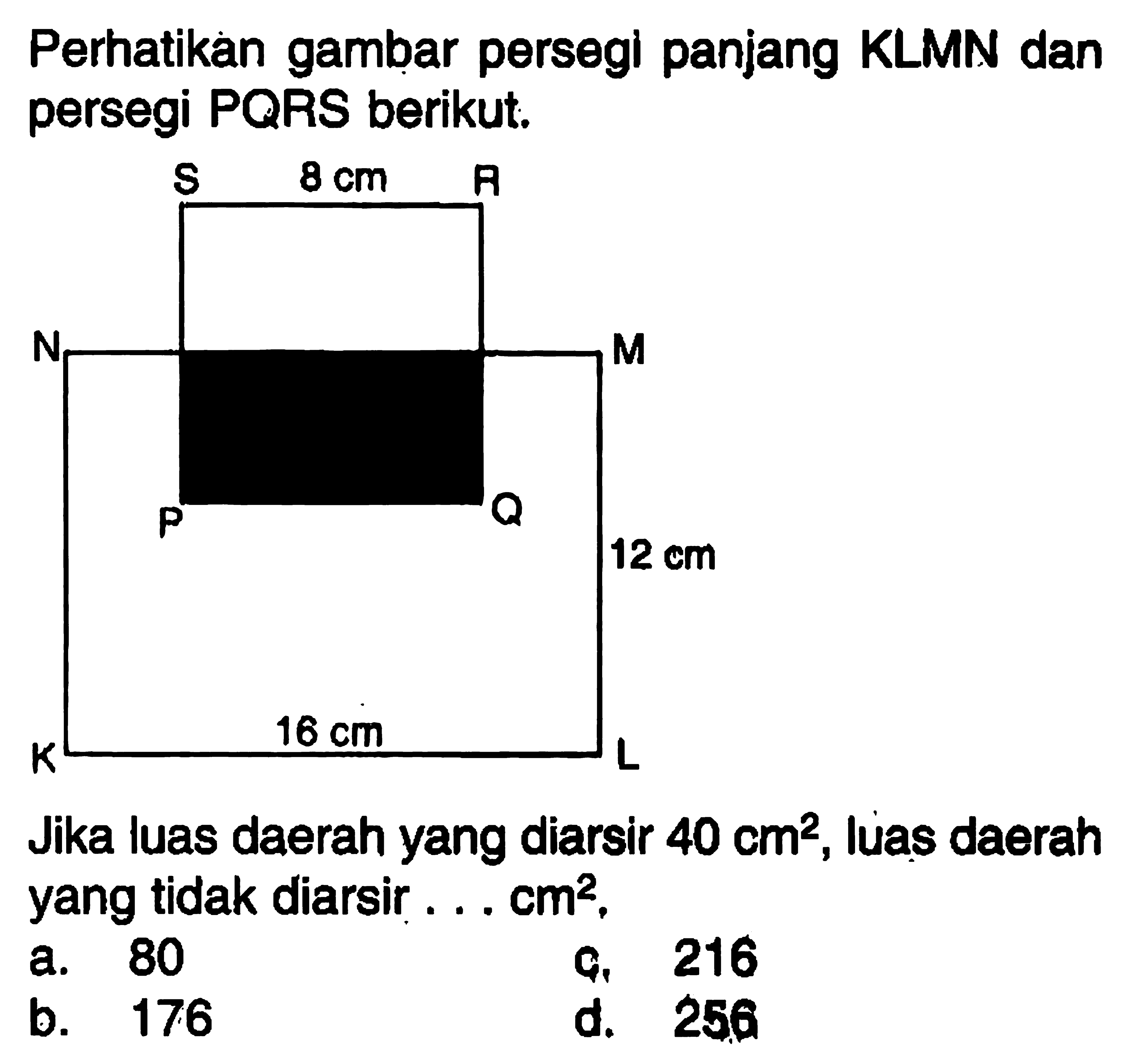 perhatikan gambar persegi panjang KLMN dan persegi PQRS berikut.8 cm 16 cm 12 cm P Q R S K L M NJika luas daerah yang diarsir 40 cm^2, luas daerah yang tidak diarsir ....  cm^2.