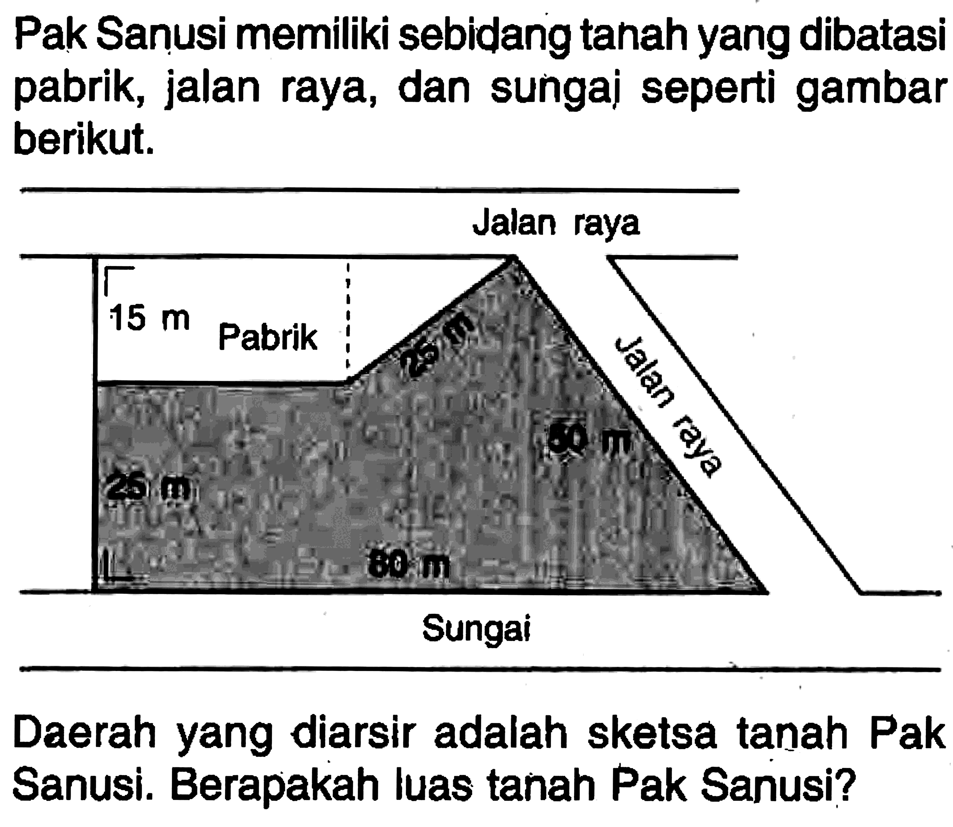 Pak Sanusi memiliki sebidang tanah yang dibatasi pabrik, jalan raya, dan sungai seperti gambar berikut.Daerah yang diarsir adalah sketsa tanah Pak Sanusi. Berapakah luas tanah Pak Sanusi?