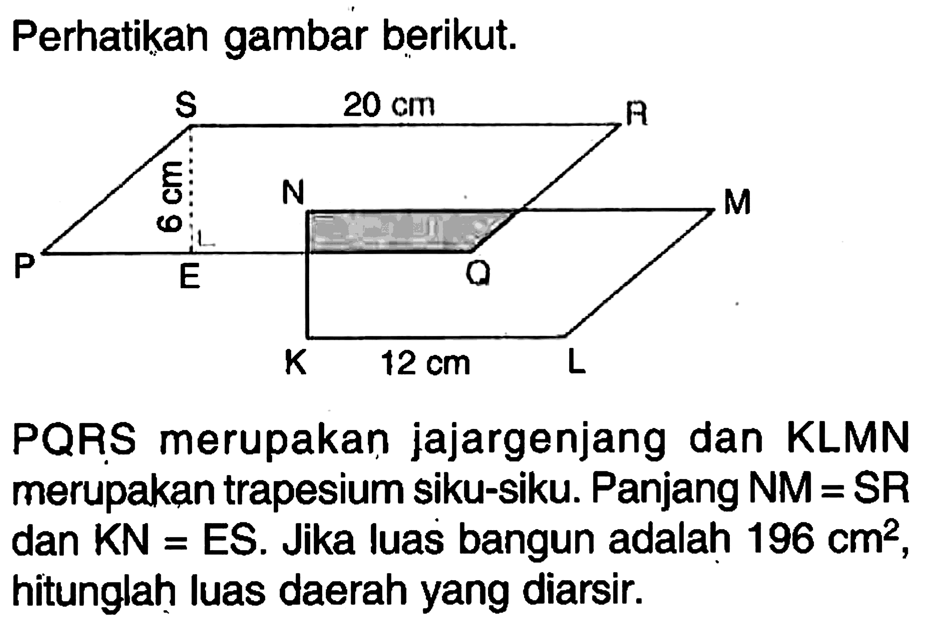 Perhatikan gambar berikut.S 20 cm R 6 cm P E N D M Q K L 12 cmPQAS merupakan jajargenjang dan KLMN merupakan trapesium siku-siku. Panjang  NM = SR  dan  KN = ES . Jika luas bangun adalah  196 cm^2 , hitunglah luas daerah yang diarsir.