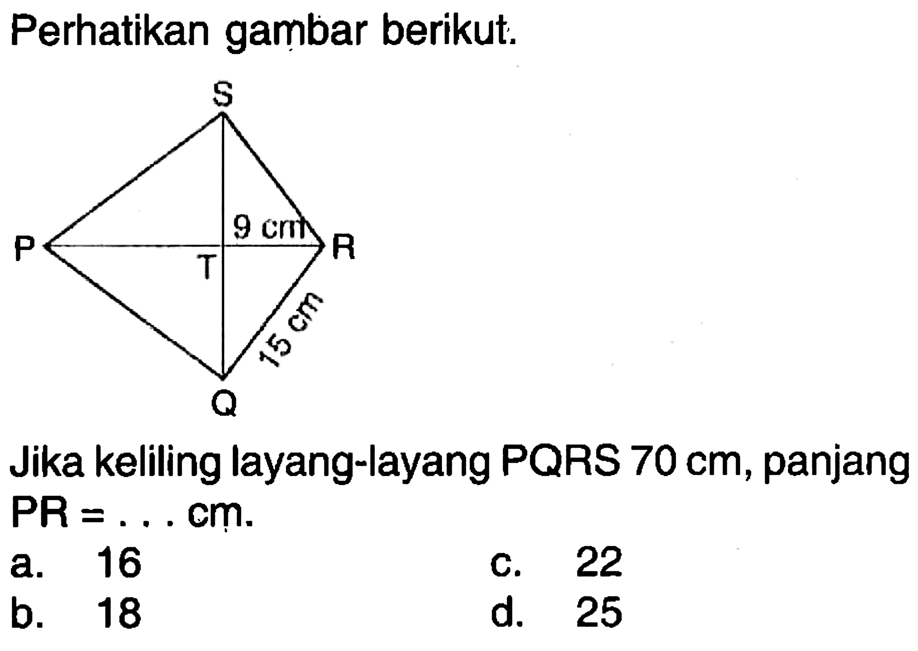 Perhatikan gambar berikut.
Jika keliling layang-layang PQRS 70 cm, panjang PR=... cm . 
