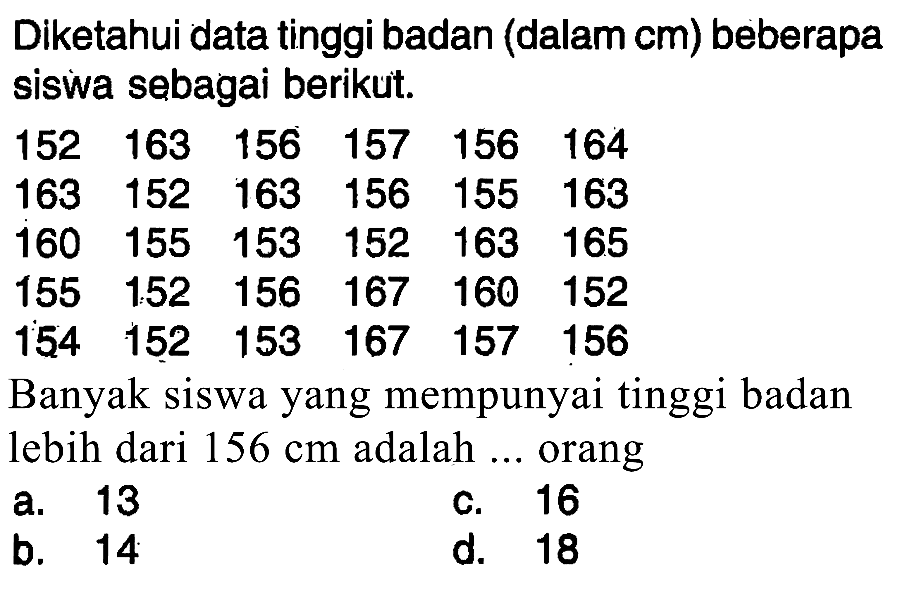 Diketahui data tinggi badan (dalam cm) beberapasiswa sebagai berikut.152  163  156  157  156  164  163  152  163  156  155  163  160  155  153  152  163  165155  152  156  167  160  152  154  152  153  167  157  156    Banyak siswa yang mempunyai tinggi badan lebih dari 156 cm adalah ... orang    