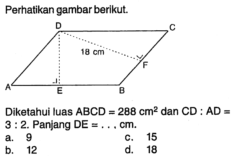 Perhatikan gambar berikut.D C 18 cm F A E BDiketahui luas  A B C D=288 cm^2  dan  C D: A D=  3: 2. Panjang DE  =... cm .