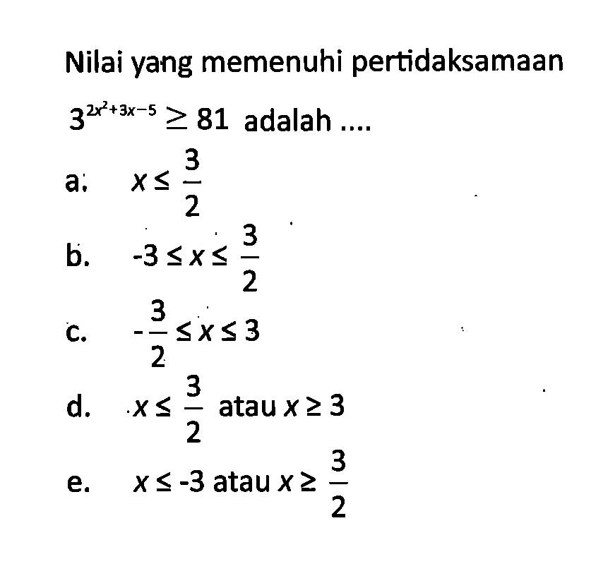 Nilai yang memenuhi pertidaksamaan 3^(2x^2+3x-5)>=81 adalah ....