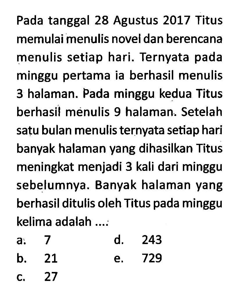 Pada tanggal 28 Agustus 2017 Titus memulai menulis novel dan berencana menulis setiap hari. Ternyata pada minggu pertama ia berhasil menulis 3 halaman. Pada minggu kedua Titus berhasil menulis 9 halaman. Setelah satu bulan menulis ternyata setiap hari banyak halaman yang dihasilkan Titus meningkat menjadi 3 kali dari minggu sebelumnya. Banyak halaman yang berhasil ditulis oleh Titus pada minggu kelima adalah ...
