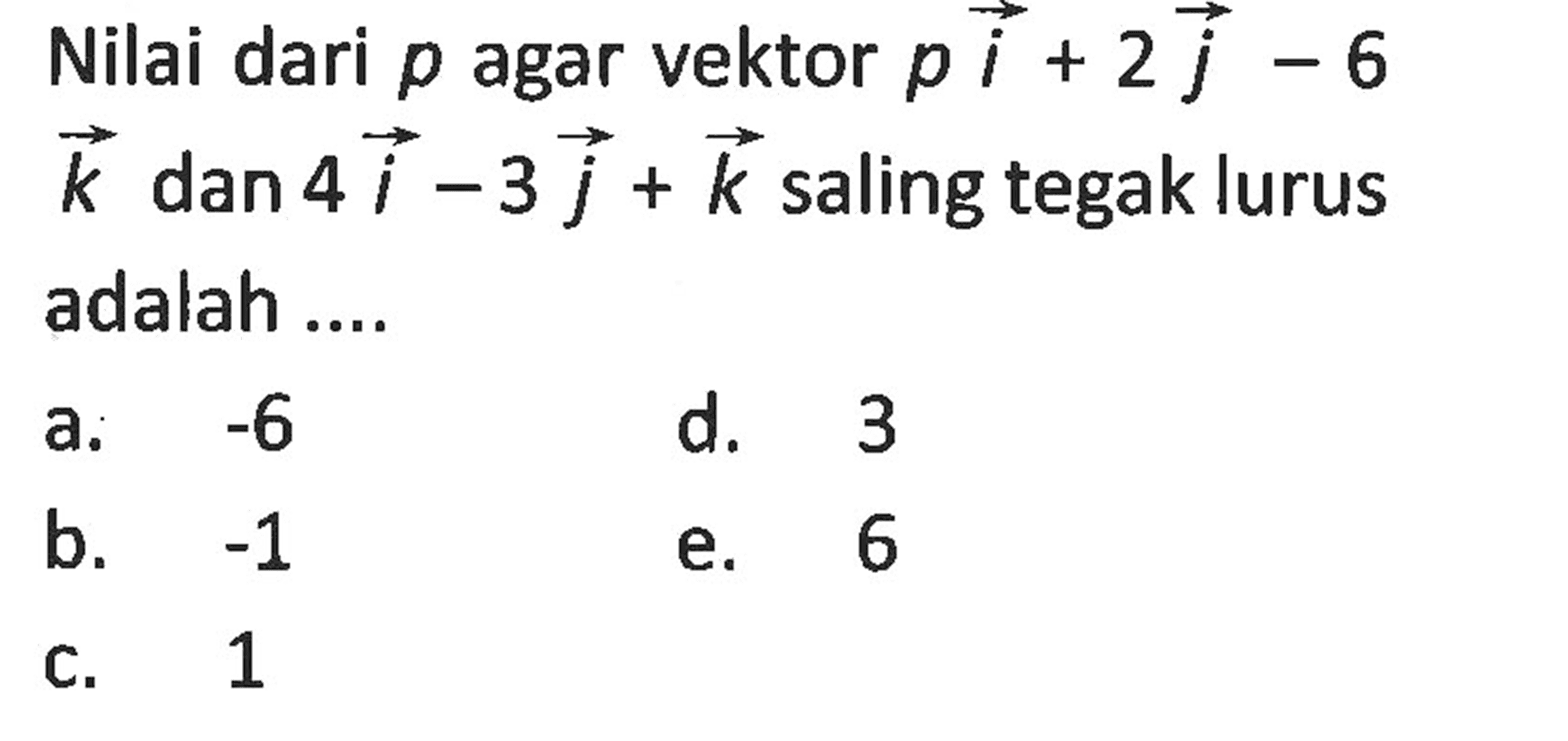 Nilai dari p agar vektor p i+2j-6k dan 4i-3j+k saling tegak lurus adalah ....