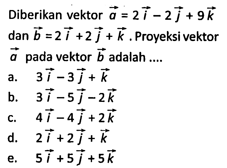 Diberikan vektor a=2i-2j+9k dan b=2i+2j+k. Proyeksi vektor a pada vektor b adalah ....