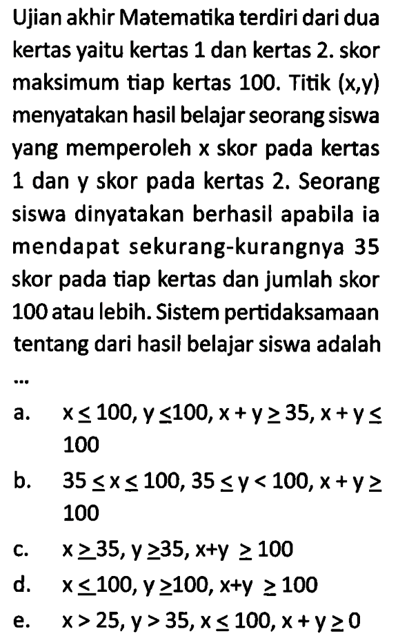 Ujian akhir Matematika terdiri dari dua kertas yaitu kertas 1 dan kertas 2. skor maksimum tiap kertas 100. Titik (x,y) menyatakan hasil belajar seorang siswa yang memperoleh x skor pada kertas 1 dan y skor pada kertas 2. Seorang siswa dinyatakan berhasil apabila ia mendapat sekurang-kurangnya 35 skor pada tiap kertas dan jumlah skor 100 atau lebih. Sistem pertidaksamaan tentang dari hasil belajar siswa adalah .....