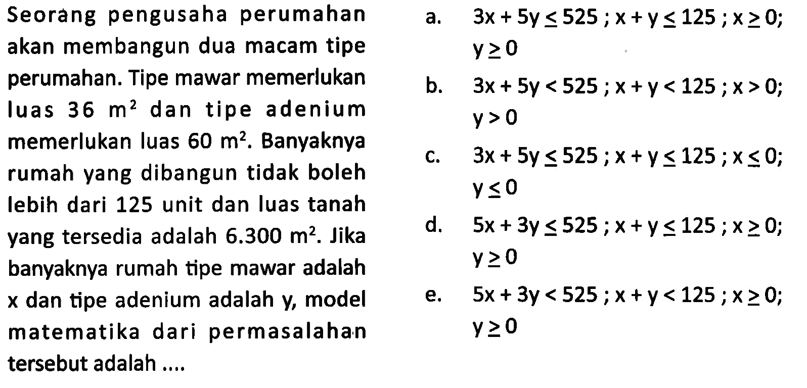 Seorang pengusaha perumahan akan membangun dua macam tipe perumahan. Tipe mawar memerlukan luas 36 m^2 dan tipe adenium y> 0 memerlukan luas 60 m^2. Banyaknya rumah yang dibangun tidak boleh Iebih dari 125 unit dan luas tanah yang tersedia adalah 6.300 m^2. Jika banyaknya rumah tipe mawar adalah x dan tipe adenium adalah y, model matematika dari permasalahan Y20 tersebut adalah ....