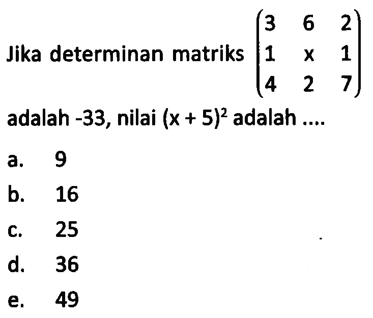 Jika determinan matriks (3 6 2 1 x 1 4 2 7) adalah -33, nilai (x + 5)^2 adalah