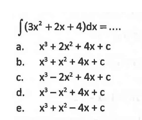 integral (3x^2+2x+4) dx= ...