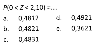 P(0<Z<2,10)=... a. 0,4812 b. 0,4821 c. 0,4831d. 0,4921e. 0,3621 