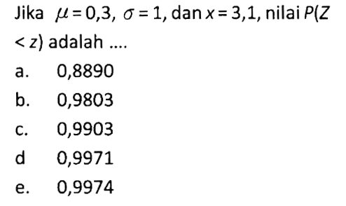 Jika mu=0,3, sigma=1, dan x=3,1, nilai P(Z<z) adalah .... 