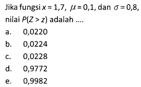 Jika fungsi x=1,7, mu=0,1, dan sigma=0,8, nilai P(Z>z) adalah ....