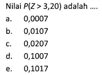 Nilai  P(Z>3,20)  adalah ....