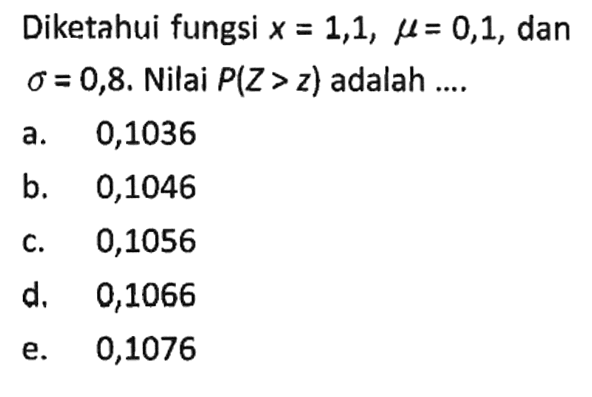 Diketahui fungsi x=1,1, mu=0,1, dan sigma=0,8. Nilai P(Z>z) adalah ....