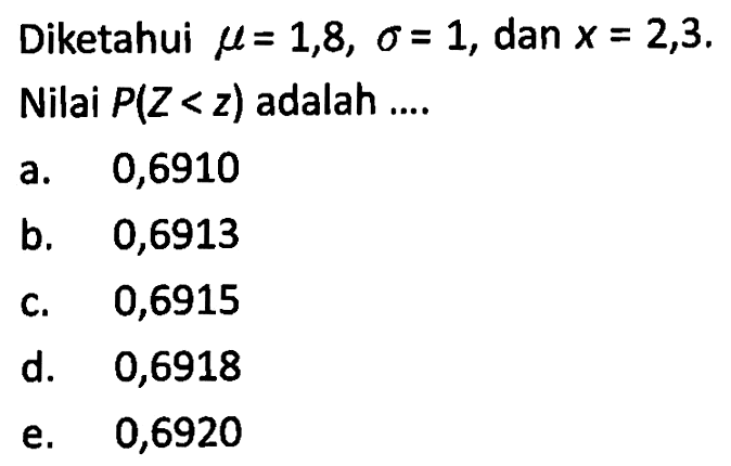 Diketahui  mu=1,8, sigma=1, dan  x=2,3. Nilai  P(Z<z)  adalah ....