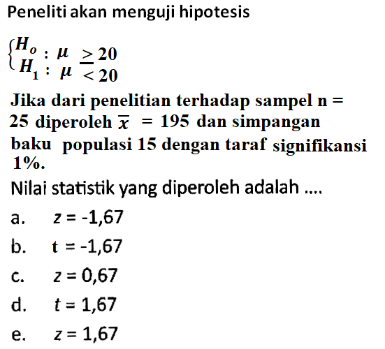 Peneliti akan menguji hipotesis{Ho: mu>=20 H1: mu<20Jika dari penelitian terhadap sampel n=25 diperoleh x=195 dan simpangan baku populasi 15 dengan taraf signifikansi 1%.Nilai statistik yang diperoleh adalah ....