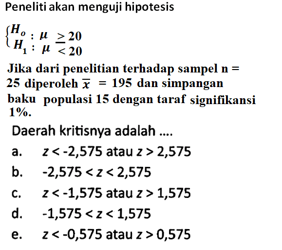 Peneliti akan menguji hipotesis {Ho: mu>=20 H1: mu<20.Jika dari penelitian terhadap sampel n=25 diperoleh x=195 dan simpangan baku populasi 15 dengan taraf signifikansi 1%.Daerah kritisnya adalah ....