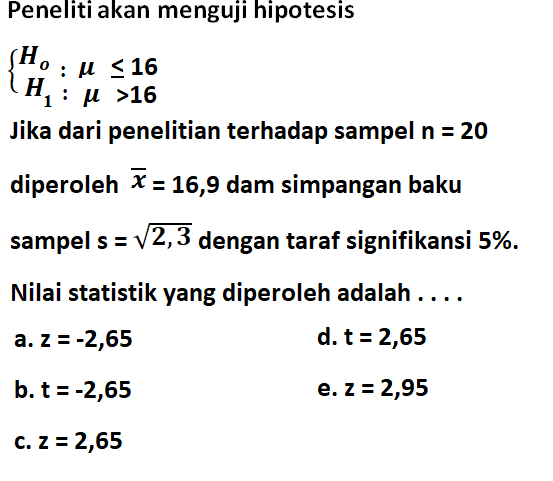 Peneliti akan menguji hipotesis Ho:mu<=16 H1:mu>16 Jika dari penelitian terhadap sampel n=20 diperoleh x=16,9 dam  simpangan baku sampel s=akar(2,3) dengan taraf signifikansi 5%. Nilai statistik yang diperoleh adalah .... 