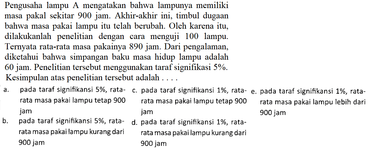 Pengusaha lampu A mengatakan bahwa lampunya memiliki masa pakal sekitar 900 jam. Akhir-akhir ini, timbul dugaan bahwa masa pakai lampu itu telah berubah. Oleh karena itu, dilakukanlah penelitian dengan cara menguji 100 lampu. Ternyata rata-rata masa pakainya 890 jam. Dari pengalaman, diketahui bahwa simpangan baku masa hidup lampu adalah 60 jam. Penelitian tersebut menggunakan taraf signifikasi 5%. Kesimpulan atas penelitian tersebut adalah ... a. pada taraf signifikansi 5%,rata-rata masa pakai lampu tetap 900 jam c. pada taraf signifikansi 1%, rata-rata masa pakai lampu tetap 900 jam e. pada taraf signifikansi 1%, rata-rata masa pakai lampu lebih dari 900 jam b. pada taraf signifikansi 5% rata-rata masa pakai lampu kurang dari 900 jam d. pada taraf signifikansi 1% rata-rata masa pakai lampu kurang dari 900 jam