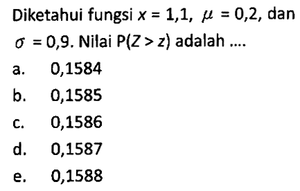 Diketahui fungsi x=1,1, mu=0,2, dan sigma=0,9. Nilai P(Z>z) adalah .... 