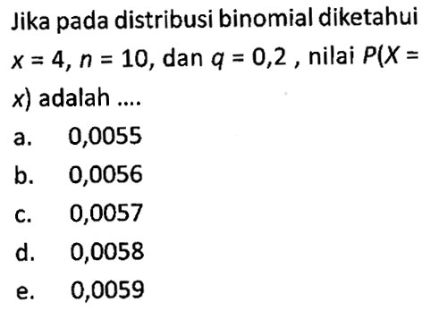 Jika pada distribusi binomial diketahui x=4, n=10, dan q=0,2, nilai P(X= x) adalah ....