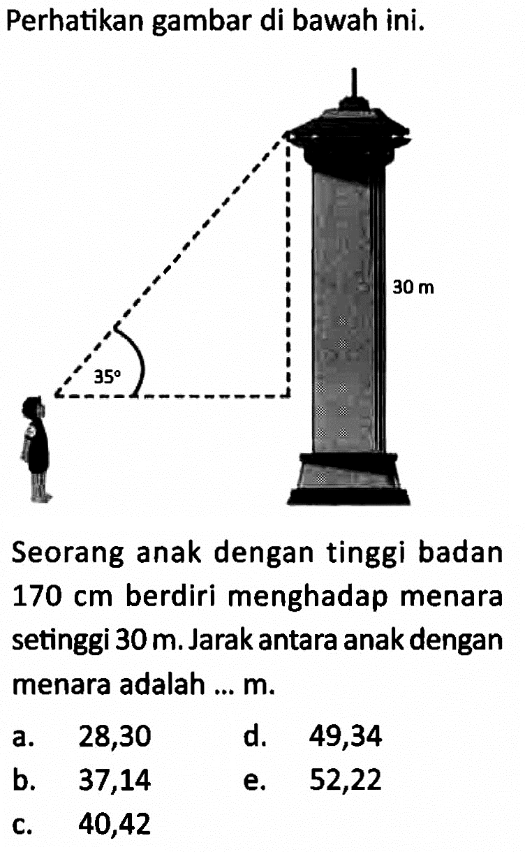 Perhatikan gambar di bawah ini.30m 35 Seorang anak dengan tinggi badan  170 cm  berdiri menghadap menara setinggi  30 m . Jarak antara anak dengan menara adalah ...  m . 