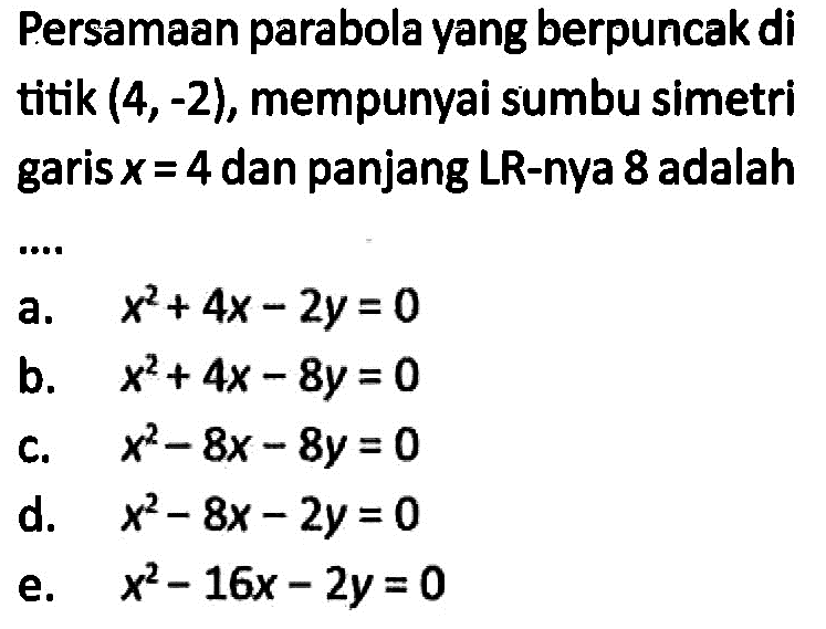 Persamaan parabola yang berpuncak di titik (4,-2), mempunyai sumbu simetri garis x=4 dan panjang LR-nya 8 adalah ....