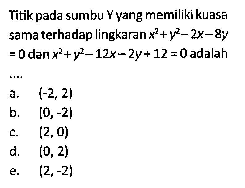 Titik pada sumbu Y yang memiliki kuasa sama terhadap lingkaran x^2+y^2-2x-8y=0 dan x^2+y^2-12x-2y+12=0 adalah....