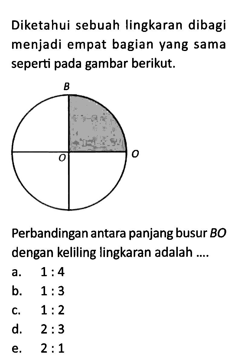 Diketahui sebuah lingkaran dibagi menjadi empat bagian yang sama seperti pada gambar berikut.Perbandingan antara panjang busur BO dengan keliling lingkaran adalah ...