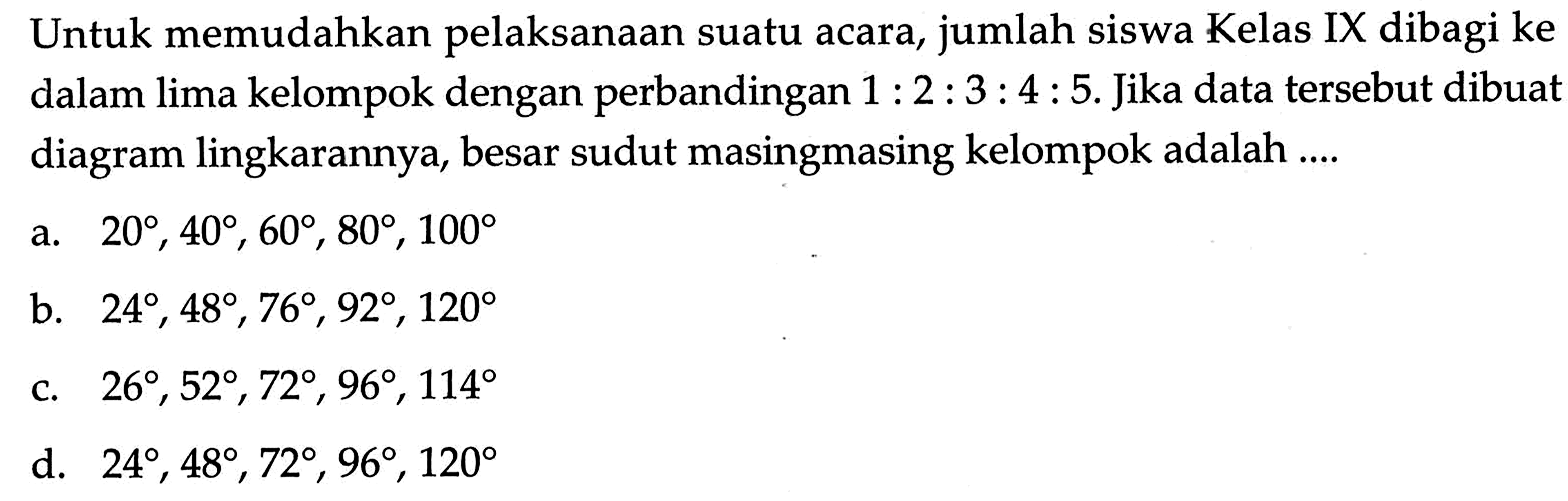 Untuk memudahkan pelaksanaan suatu acara, jumlah siswa Kelas IX dibagi ke dalam lima kelompok dengan perbandingan  1: 2: 3: 4: 5 . Jika data tersebut dibuat diagram lingkarannya, besar sudut masing-masing kelompok adalah ....a.  20, 40, 60, 80, 100 b.  24, 48, 76, 92, 120 c.  26, 52, 72, 96, 114 d.  24, 48, 72, 96, 120 