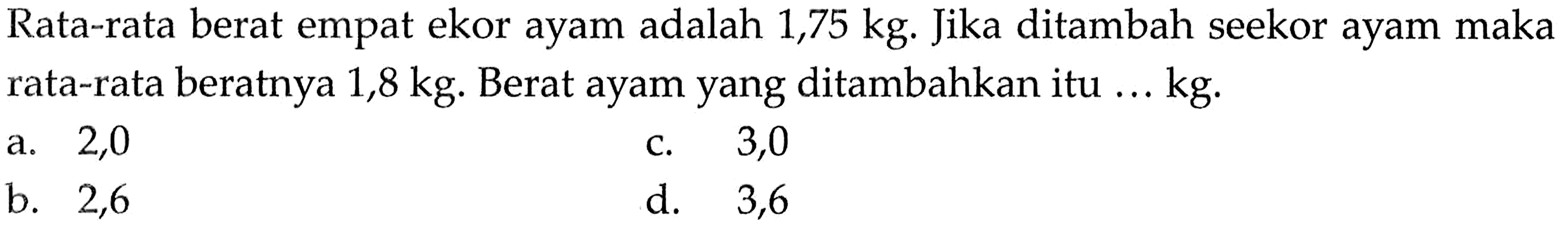 Rata-rata berat empat ekor ayam adalah 1,75 kg. Jika ditambah seekor ayam maka rata-rata beratnya 1,8 kg . Berat ayam yang ditambahkan itu ... kg.
