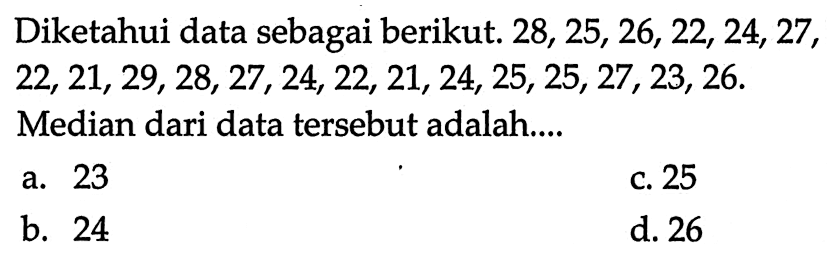 Diketahui data sebagai berikut. 28, 25, 26, 22, 24, 27, 22,21,29,28,27,24,22,21,24,25,25,27,23,26. Median dari data tersebut adalah...