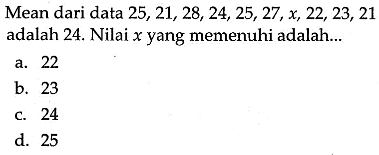 Mean dari data 25,21,28,24,25,27, x, 22,23,21 adalah 24. Nilai x yang memenuhi adalah... 