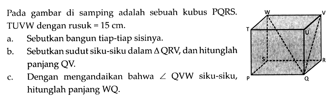 Pada gambar di samping adalah sebuah kubus PQRS. TUVW dengan rusuk  =15 cm .a. Sebutkan bangun tiap-tiap sisinya.b. Sebutkan sudut siku-siku dalam  segitiga QR V , dan hitunglah panjang QV.c. Dengan mengandaikan bahwa  sudut  QVW siku-siku, hitunglah panjang WQ.