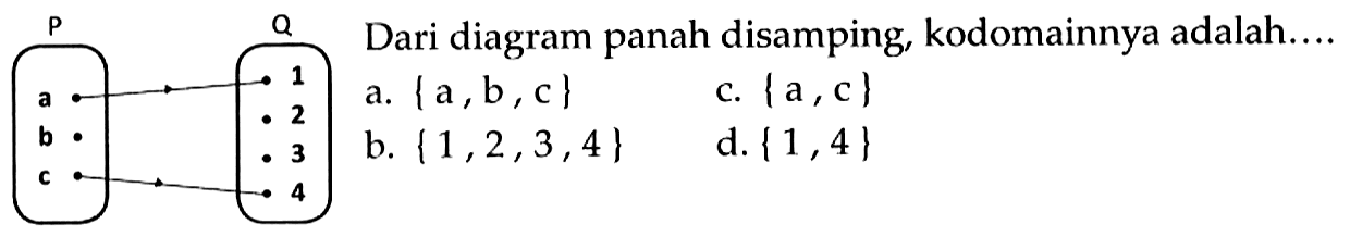 P Q a b c 1 2 3 4 Dari diagram panah disamping, kodomainnya adalah ...