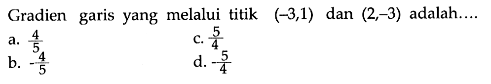 Gradien garis yang melalui titik (-3, 1) dan (2, -3) adalah ....