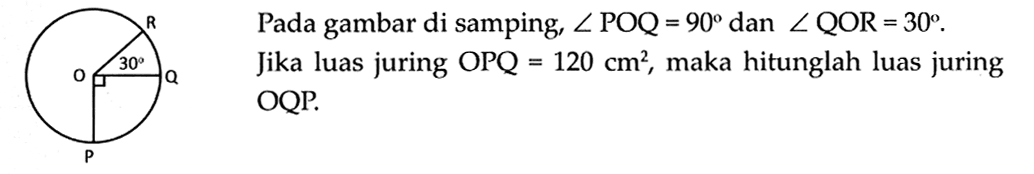 Pada gambar di samping, sudut POQ=90 dan sudut QOR=30.  Jika luas juring OPQ=120 cm^2, maka hitunglah luas juring OQP.