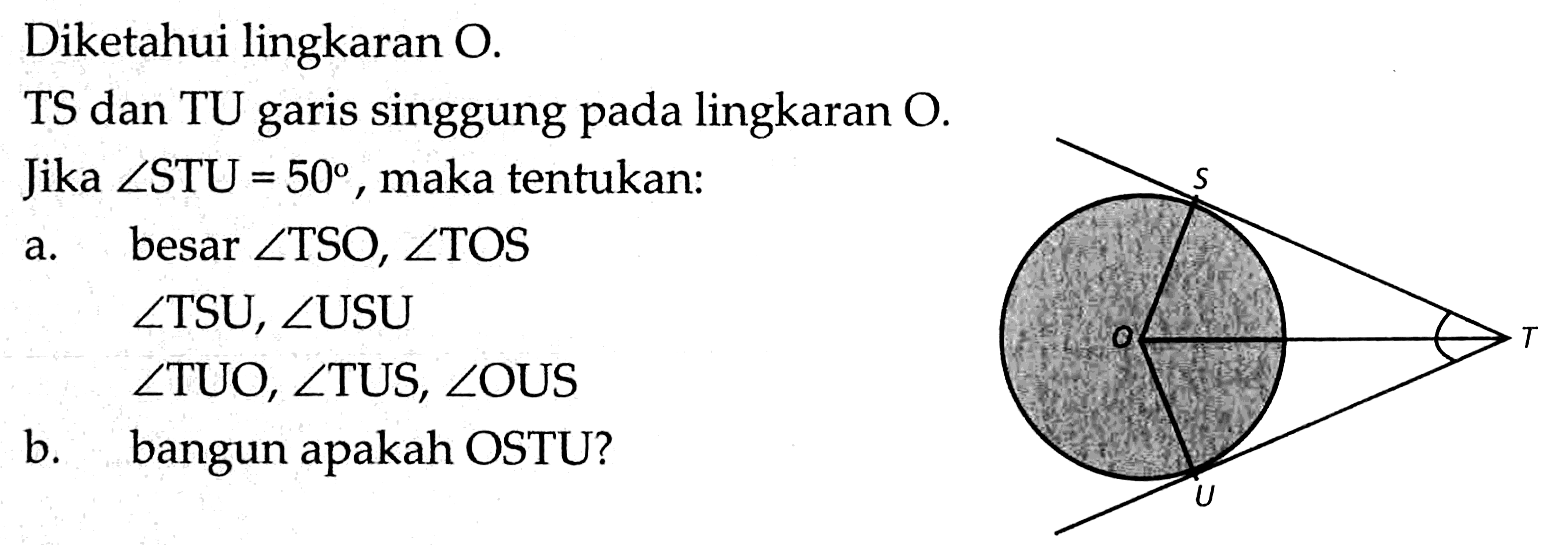 Diketahui lingkaran O.
TS dan TU garis singgung pada lingkaran O.
Jika sudut STU=50, maka tentukan:
a. besar sudut TSO, sudut TOS 
 sudut TSU, sudut USU 
 sudut TUO, sudut TUS, sudut OUS 
b. bangun apakah OSTU?
OSTU