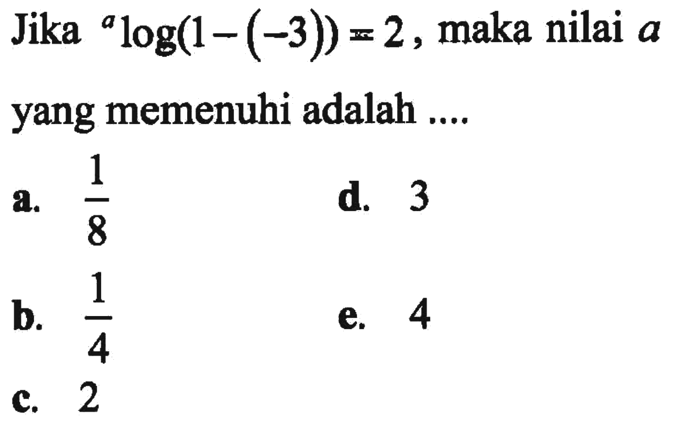 Jika alog(1-(-3))=2, maka nilai a yang memenuhi adalah ....