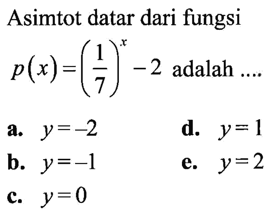 Asimtot datar dari fungsi  p(x)=(1/7)^x - 2  adalah .... 