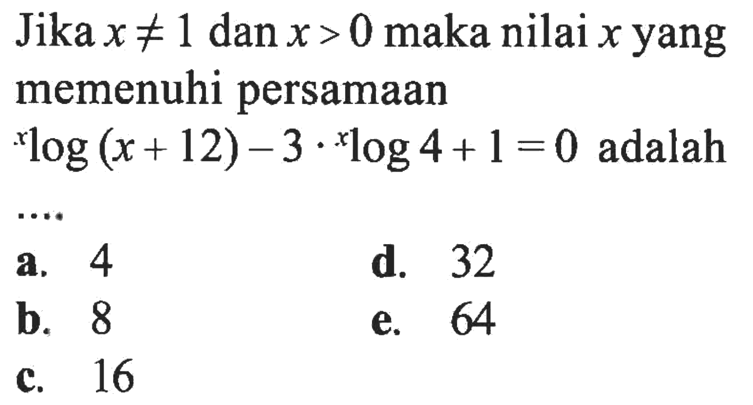 Jika x =/= 1 dan x> 0 maka nilai x yang memenuhi persamaan xlog (x + 12)- 3 .xlog 4 + 1=0 adalah