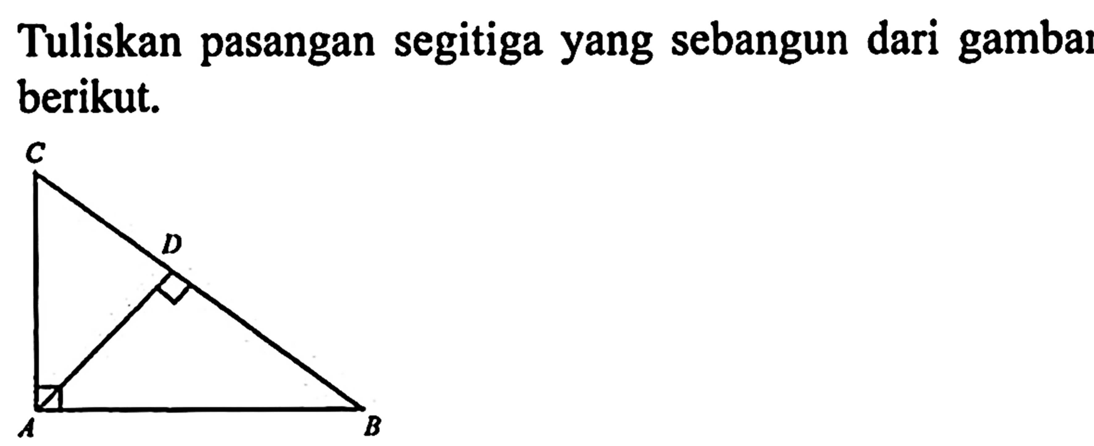 Tuliskan pasangan segitiga yang sebangun dari gambas berikut.A B C D 