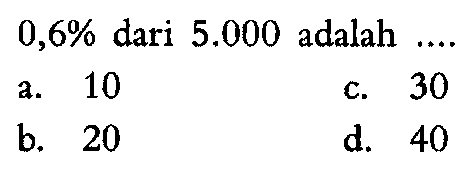 0,6% dari 5.000 adalah ....