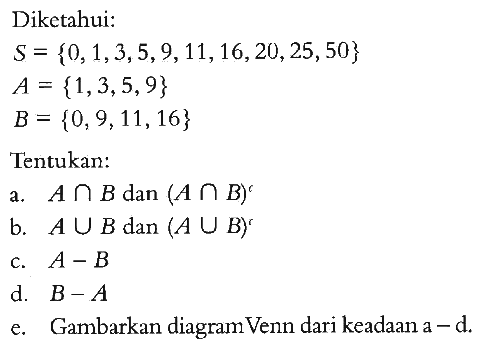 Diketahui: S = {0, 1, 3, 5, 9, 11, 16, 20, 25, 50} A = {1, 3, 5, 9} B = {0,9,11,16} Tentukan: a. A n B dan (A u B)^t b. A u B dan (A u B)^t c. A - B d. B - A e. Gambarkan diagram Venn dari keadaan a - d.