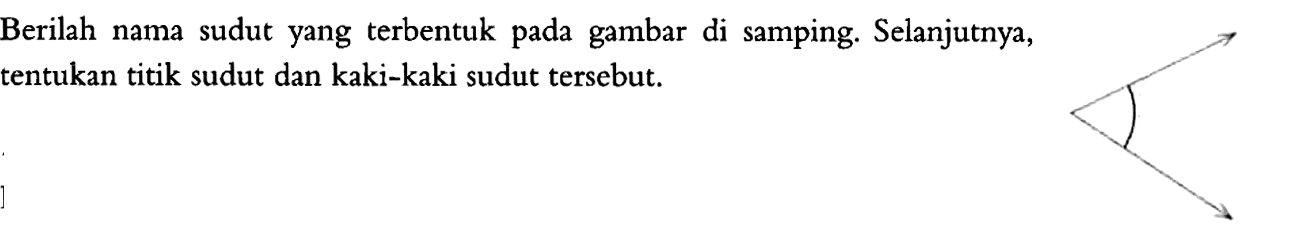 Berilah nama sudut yang terbentuk pada gambar di samping. Selanjutnya, tentukan titik sudut dan kaki-kaki sudut tersebut.
