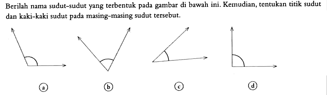 Berilah nama sudut-sudut yang terbentuk pada gambar di bawah ini. Kemudian, tentukan titik sudut dan kaki-kaki sudut pada masing-masing sudut tersebut. (a) (b) (c) (d)