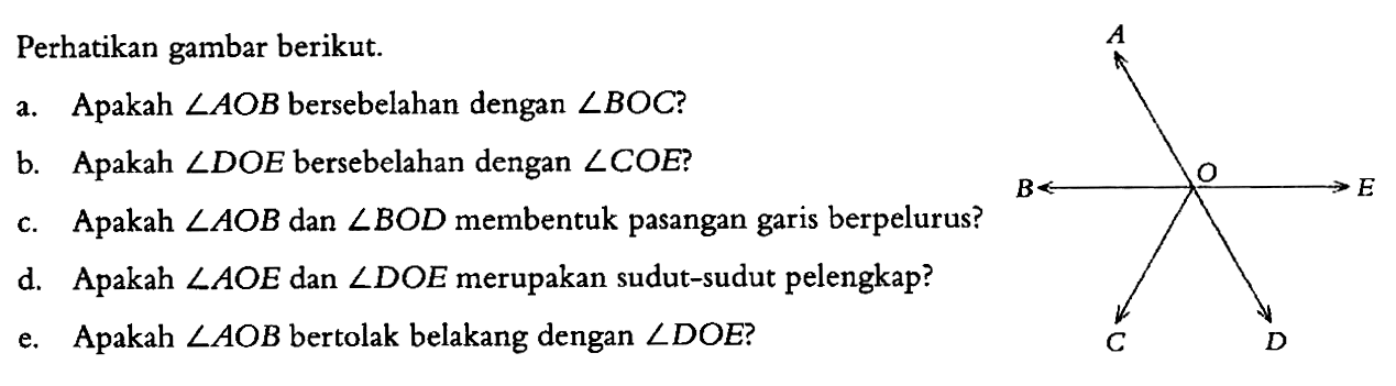 Perhatikan gambar berikut.a. Apakah sudut AOB bersebelahan dengan sudut BOC?b. Apakah sudut DOE bersebelahan dengan sudut COE?c. Apakah sudut AOB dan sudut BOD membentuk pasangan garis berpelurus?d. Apakah sudut AOE dan sudut DOE merupakan sudut-sudut pelengkap?e. Apakah sudut AOB bertolak belakang dengan sudut DOE?A B C D E O