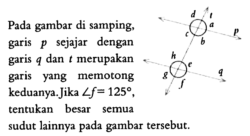 Pada gambar di samping, garis  p  sejajar dengan garis  q  dan t  merupakan garis yang memotong keduanya.Jika  sudut f=125 , tentukan besar semuasudut lainnya pada gambar   tersebut.