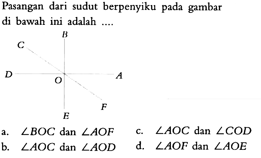 Pasangan dari sudut berpenyiku pada gambar di bawah ini adalah ....a. sudut BOC dan sudut AOF b. sudut AOC dan sudut AOD c. sudut AOC dan sudut COD d. sudut AOF dan sudut AOE 